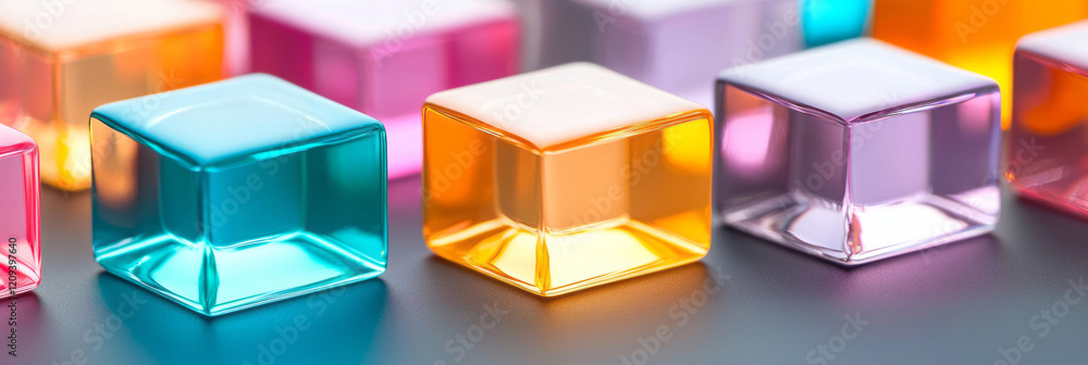 Fototapete A striking composition of floating colored glass squares with a soft focus on a dark background, creating a contrast that highlights their brilliance,