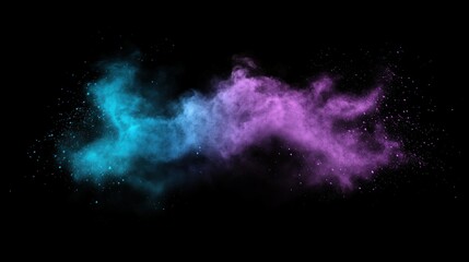 Obraz premium A close-up view of a powder color burst in vivid shades of purple and teal. The dust particles form a soft, cloud-like texture, isolated on a black background for dramatic contrast.