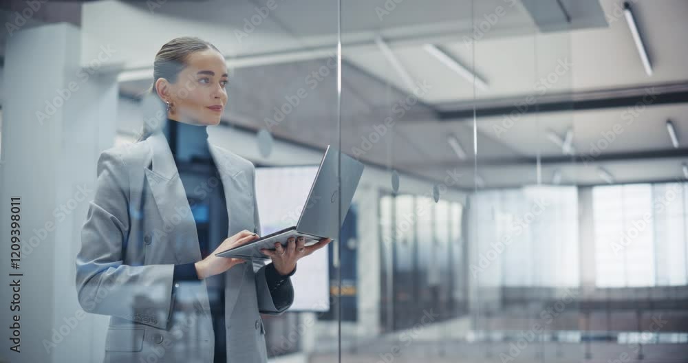 Aufkleber young stylish caucasian female using a laptop computer to review company sales reports and inspect c
