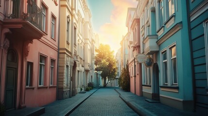 Obraz premium Charming street with colorful buildings during sunset, offering a serene atmosphere.