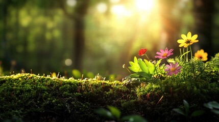 Fototapeta premium Nature beauty colorful wildflowers in sunlit forest macro tranquil environment close-up view serenity and growth