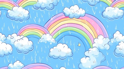 Pastel seamless pattern with rainbows and clouds. Childish cute graphic. Vector hand drawn illustration