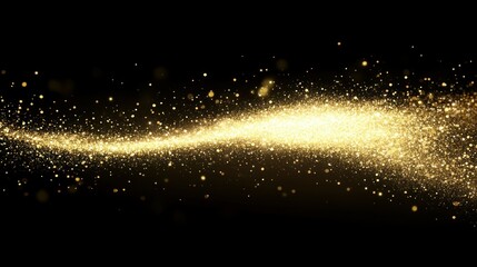 Obraz premium A dynamic cloud of golden glitter dust shimmering brightly against a deep black background. The sparkling particles create a sense of luxury and festive joy,
