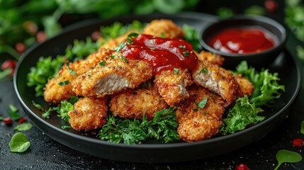  "Crispy Chicken Nuggets with Ketchup on Wooden Table: A Tempting Dark Background Delight"