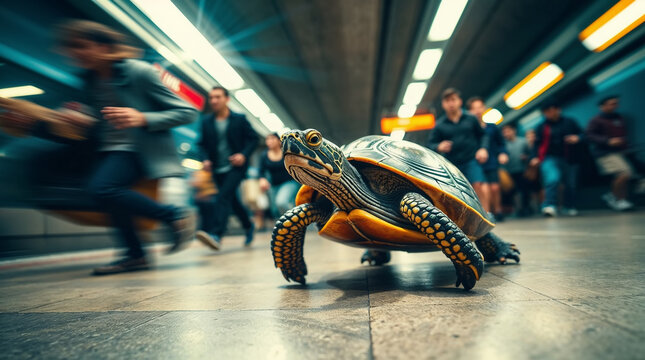 Slow turtle walking in a crowded metro station surrounded with blurred silhouettes of running people