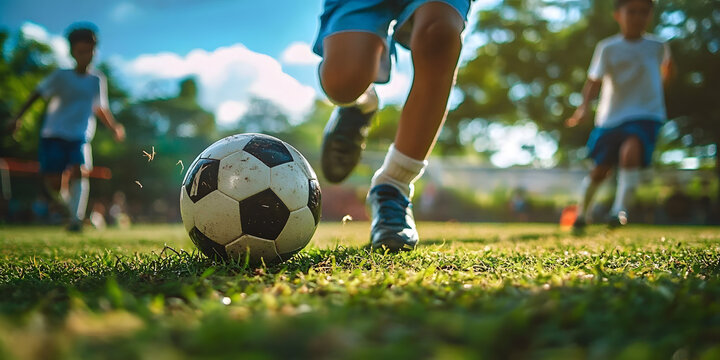 Close up of kids playing football on green pitch. Kids leg and soccer ball