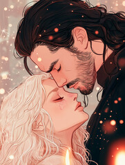 Romantic fantasy. Book cover with a picture of a man and a woman in an intimate embrace. portraits, illustration, embrace, fantasy