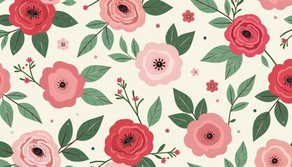 Vibrant Floral Pattern: Pink Roses and Green Leaves Against Soft Bei Background