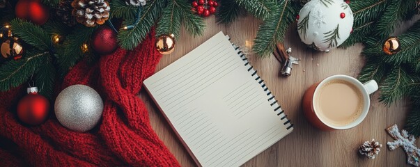 Top view of a holiday-themed desk featuring a notebook, coffee cup, and festive decorations creating a cozy Christmas atmosphere