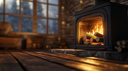A cozy fireplace scene with logs burning in a wooden stove, emitting warmth and a golden glow that fills the room with comfort and a homely atmosphere