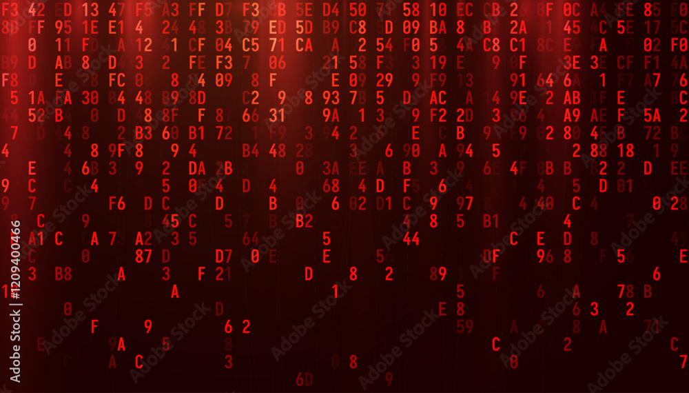 Fototapete Abstract Red Binary Software Programming Code Background. Malicious Hack Malware Ransomware Concept. Data Leak Breach. Random Binary Data Matrix Wide Vector Illustration.