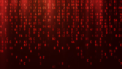 Abstract Red Binary Software Programming Code Background. Malicious Hack Malware Ransomware Concept. Data Leak Breach. Random Binary Data Matrix Wide Vector Illustration.
