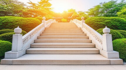 Stone steps leading to a temple, sunlit garden