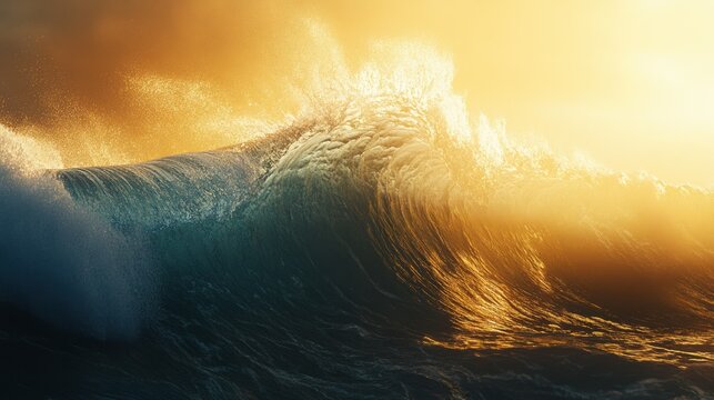 A massive Teahupoo wave illuminated by golden sunlight, its translucent blue barrel forming a perfect arc. The frothy white spray dances in the air, capturing the energy of the ocean