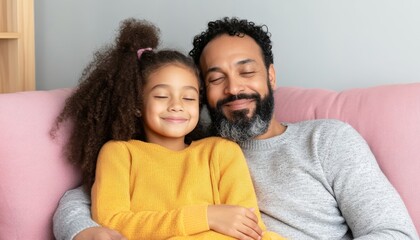 Obraz premium A loving father and daughter share a joyful moment on a couch, radiating warmth and happiness in a cozy living space.