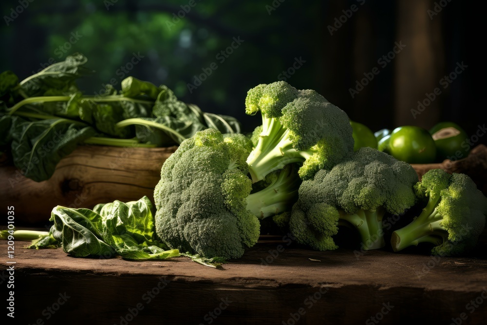 Poster freshly harvested broccoli and spinach create a vibrant green display on a rustic wooden table, emph