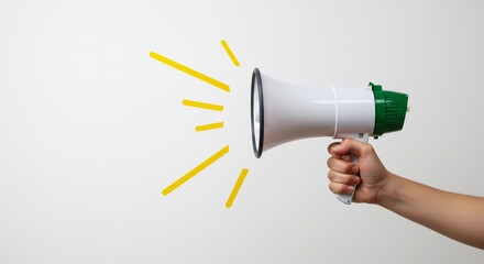 A close-up of a hand gripping a white megaphone, surrounded by a clean white background.