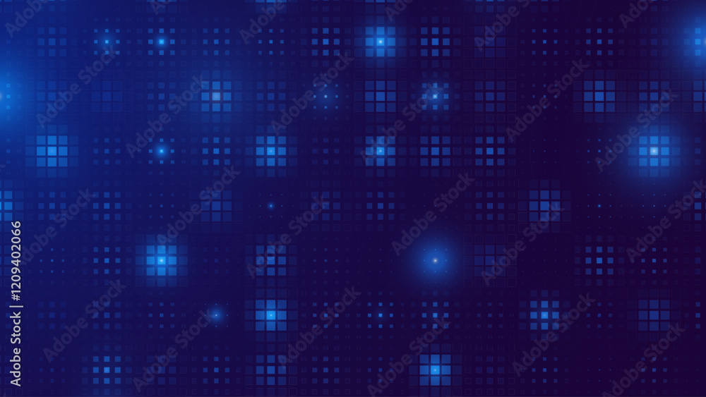 Poster Abstract Digital Technology Futuristic Background. Square Pixels Halftone Pattern Tech Mosaic. Technology or Science Research Presentation Backdrop. Vector Illustration.