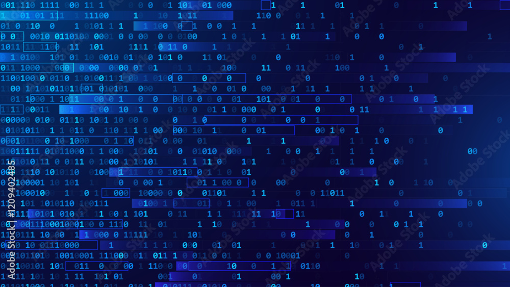 Fototapete Blue Binary Data Software Programming Code Background. Random Parts of Program Code. Digital Data Technology Concept. 1 0 Machine Code. Random Binary Data Matrix Wide Vector Illustration.