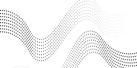Flowing dots particles wave pattern halftone gradient curve shape isolated on white background.