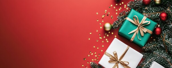 Top view photo of green and red christmas tree balls pine branches white gift boxes with ribbon bows and golden confetti on isolated red background with empty space
