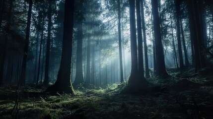 Obraz premium Enchanted Forest: Sunbeams Through Misty Woods