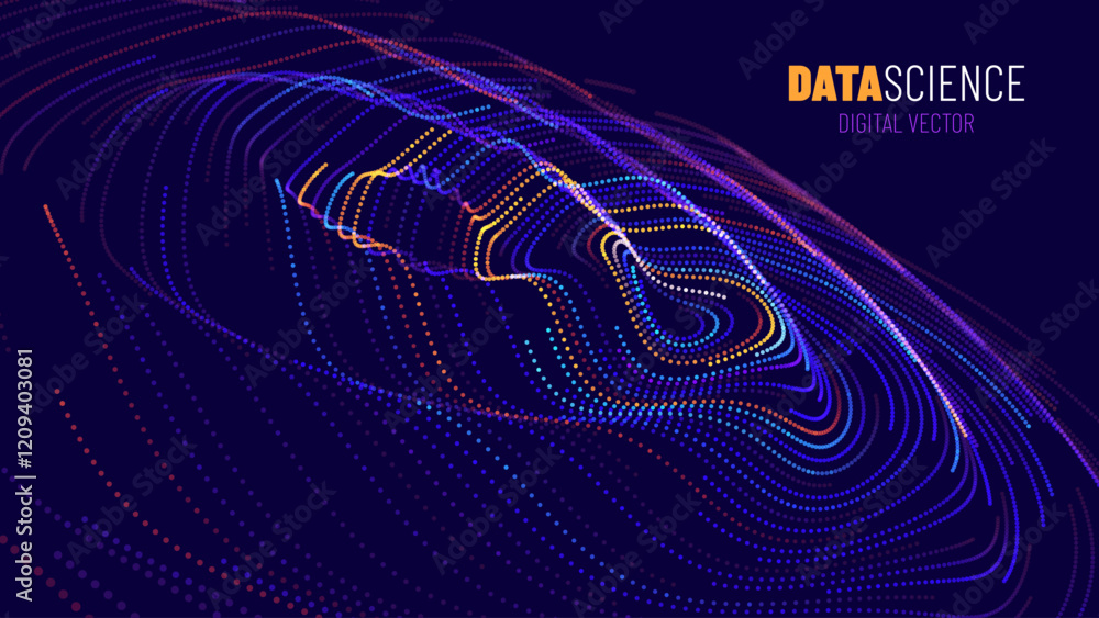 Poster Digital Wave Circle Audio Lines Grid Big Data Background. Spreading Sound Waves Circles. Visual Data. Futuristic Circular Sound Wave. Big Data Visualization. 3D Virtual Space VR Cyberspace. Vector.