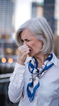 Illustration of allergy season woman with headache pain sneezing concept