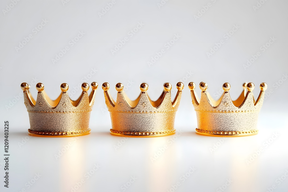 Poster minimalistic three small crowns in row each in shimmering gold positioned on white surface for three