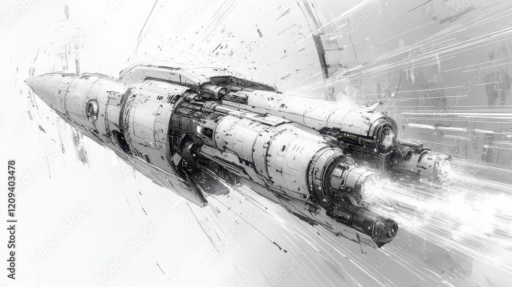 Poster monochrome spaceship speeding through futuristic tunnel.