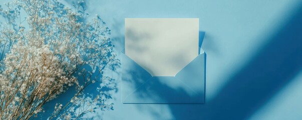 Top view photo of open blue envelope with paper sheet on isolated pastel blue background with empty space