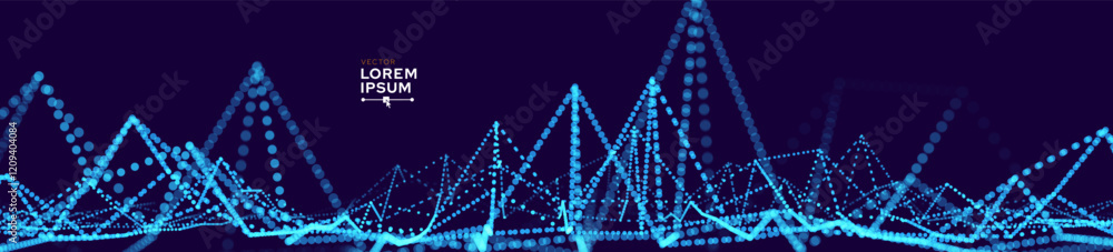 Poster Sound Wave Particles. Music Data Visualization. Dynamic Circles Dots Particles Ultrawide Party Background. Vector Illustration. Digital Sound Equalizer.