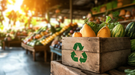 A rustic market table featuring a wooden box with ripe papayas and a painted recycling symbol, surrounded by an abundance of fresh, organic fruits and vegetables
