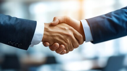 Two businessmen shaking hands in office meeting. Businessman standing smiling greeting partner with handshake. Leadership concept  trust  partnership