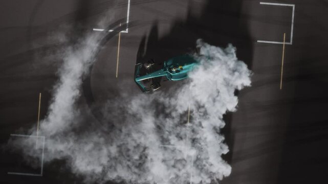 A racing car performs celebratory donuts after a victory, creating smoke trails on the asphalt under dim lights. A dynamic motorsport celebration moment