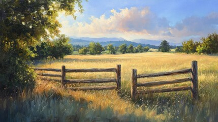 Obraz premium Wooden fence in a golden field with trees and blue sky
