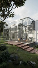 Naklejka premium Modern 3D render of a house featuring glass walls and expansive windows, showcasing contemporary architectural design.