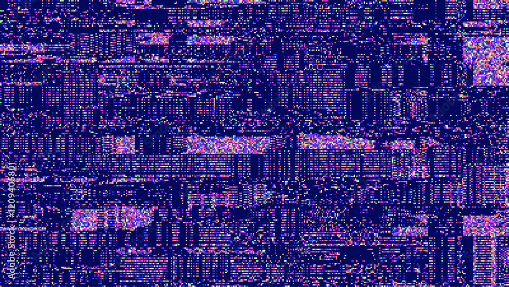 Poster Abstract Technology Futuristic Digital Square Pattern. Square Pixel Glitch Dither Dark Purple Background. Rectangle Particles Metaverse Concept Backdrop, Virtual Cyber Space. Vector Illustration.