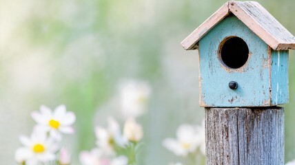 Charming birdhouse amidst blooming flowers, nature's harmony