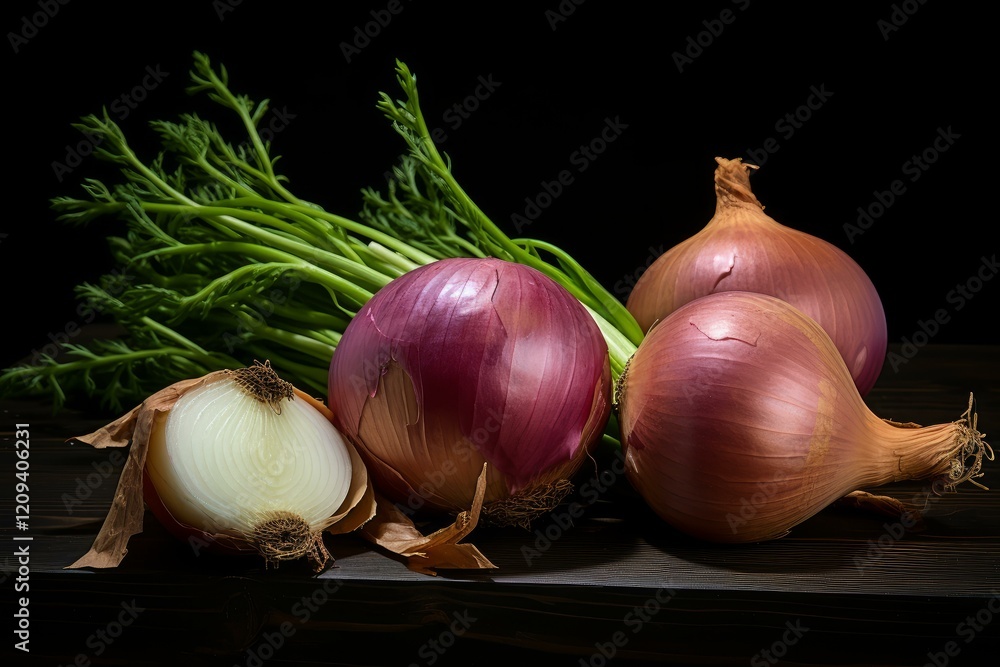 Poster freshly harvested red onions and green onions are displayed on a rustic wooden table, creating a vib