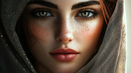 Naklejka premium Mysterious Gaze: A Digital Portrait of a Freckled Woman