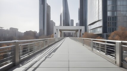 Obraz premium A modern pedestrian bridge with sleek railings, surrounded by tall buildings, minimalist and clean design with a pale gray background.