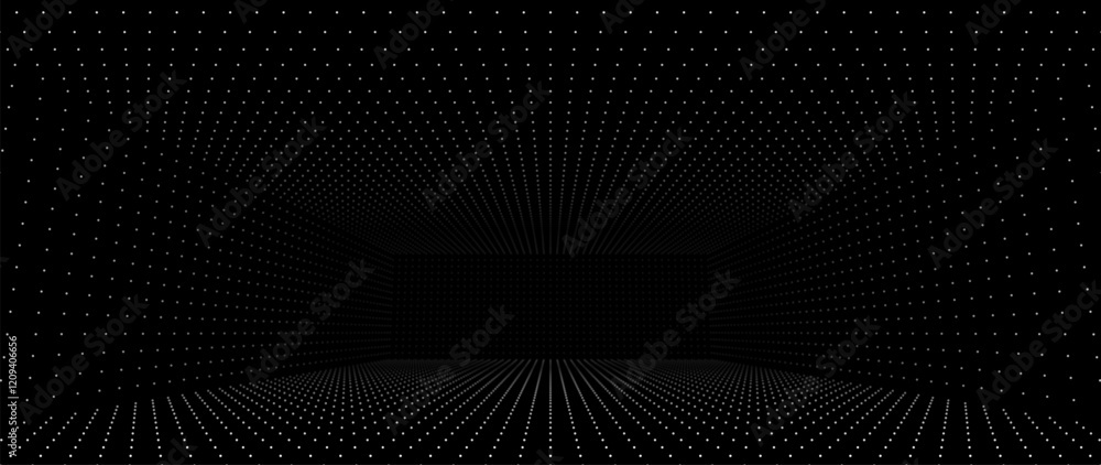 Poster 3D Grid VR Room Background. Grid Frame Retrowave Party Flyer. Vintage Computer Virtual Reality VR Tunnel Technology Vector Illustration.