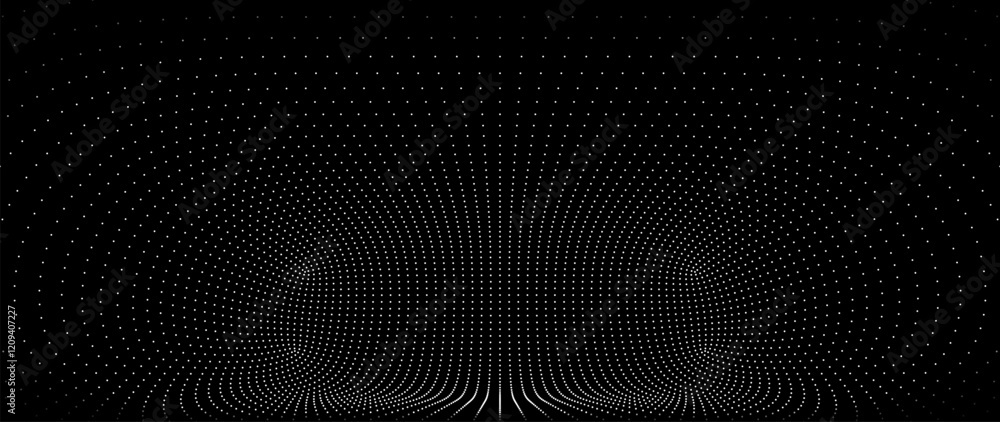 Poster White Grid Tunnel. Grid Frame Retrowave Party Flyer Background. Round Tunnel Mesh Backdrop. Abstract Digital Background. Vintage Computer Virtual Reality VR Tunnel Tech Vector Illustration.