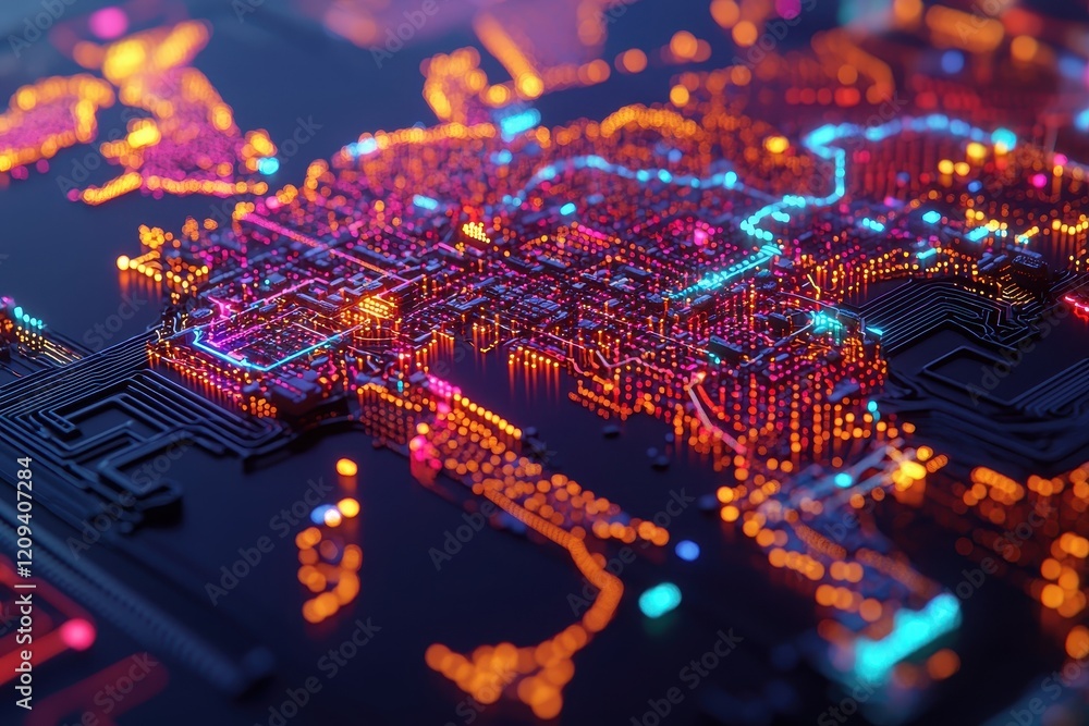 Poster a vibrant, abstract representation of a digital map, illuminated with colorful circuits and lights, 