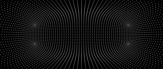 Fototapeta premium White Grid Tunnel. Grid Frame Retrowave Party Flyer Background. Round Tunnel Mesh Backdrop. Abstract Digital Background. Vintage Computer Virtual Reality VR Tunnel Tech Vector Illustration.