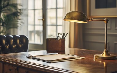 A clean and organized office desk with a vintage brass lamp and notepad, perfect for a professional setting