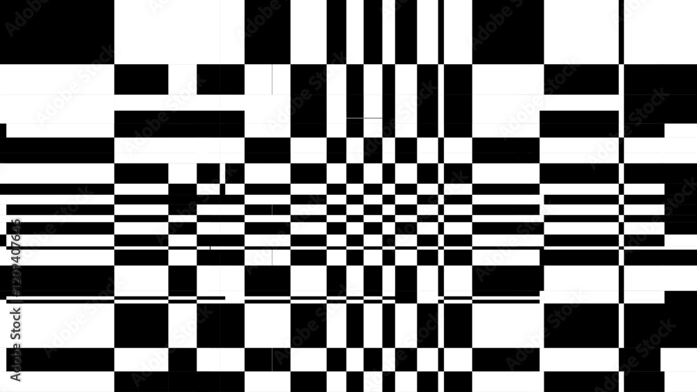 Poster Abstract Black and White Pattern with Warped Checkers Grid. Contrasty Optical Psychedelic Illusion. Optical Art. Vector Illustration