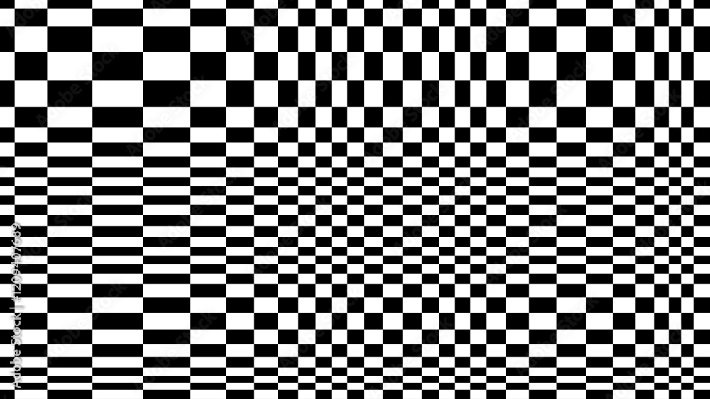 Poster abstract black and white pattern with warped checkers grid. contrasty optical psychedelic illusion. 