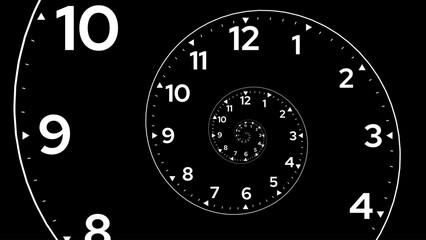 Clock Spiral Dial. Clock in Space. Time Travel Infinity Universe Concept Metaphor. Time is Flying Fast Future Concept. Vector Illustration.